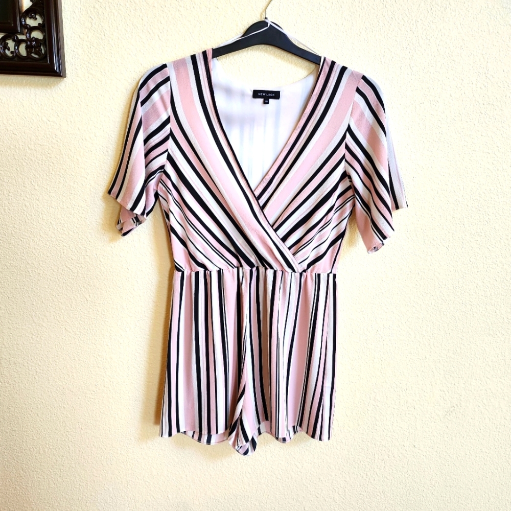 New Look Pink Black V Neck Striped Short Sleeved Romper Playsuit Jumpsuit